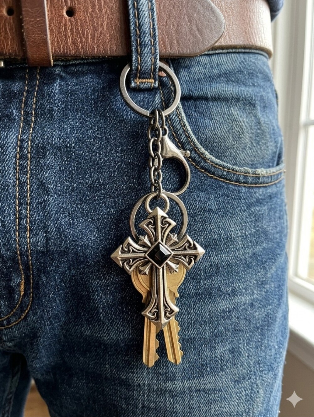 Goth Cross Keychain Silver Tone Black Emblem